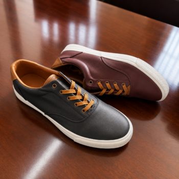 A pair of black-brown sneakers on display