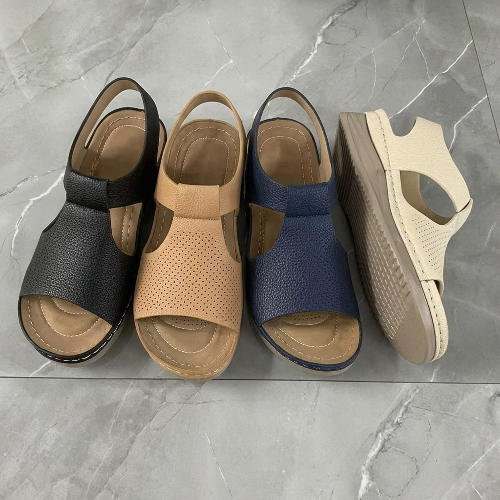 four wedge sandals on display