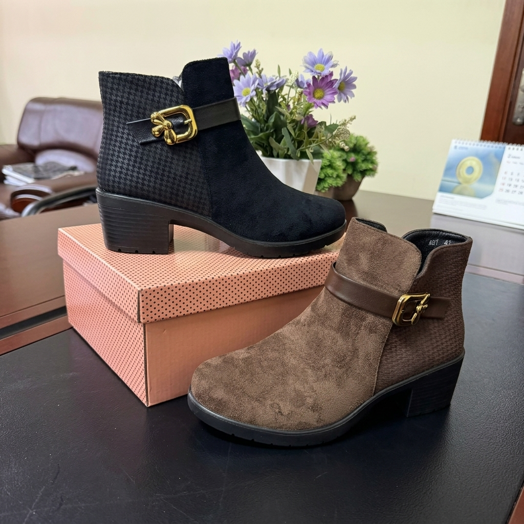 a black and brown boot on display on a pink shoebox